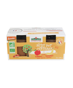 Purée de pommes bananes Bio Demeter - 2x120 g, un produit idéal pour terminer les repas sans sucre et purs fruits pommes bananes