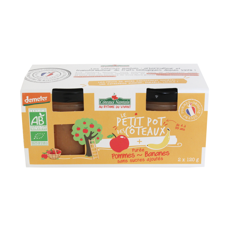 Purée de pommes bananes Bio Demeter - 2x120 g, un produit idéal pour terminer les repas sans sucre et purs fruits pommes bananes