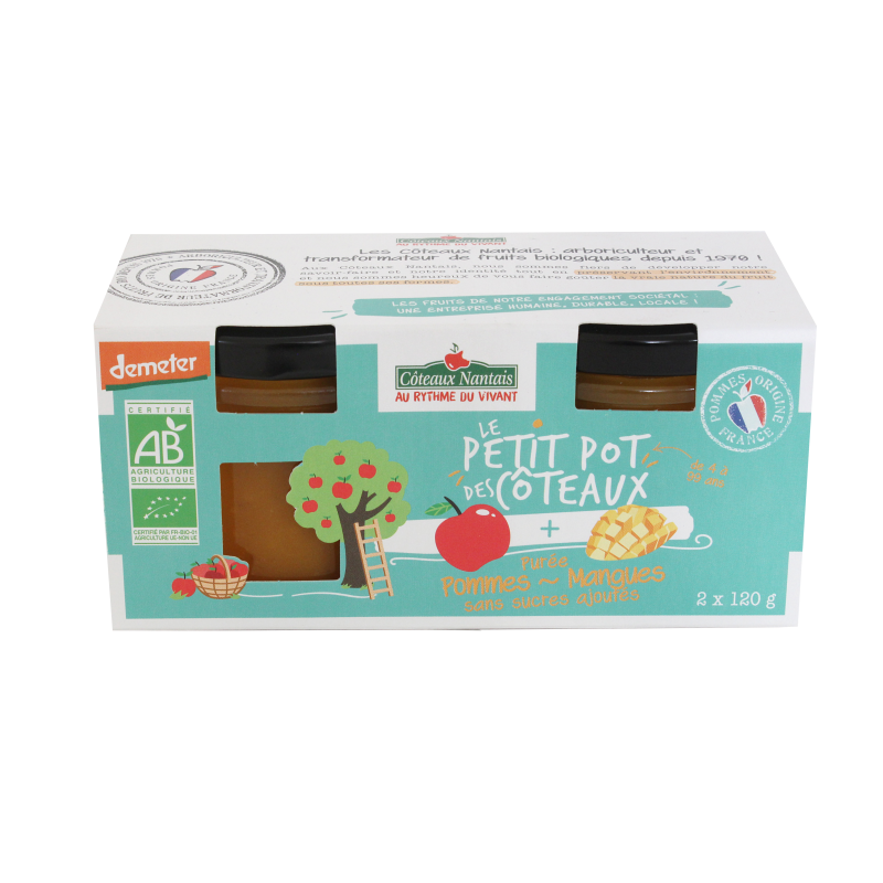 Purée de pommes mangues Bio Demeter - 2x120 g idéal pour terminer les repas sans sucre et purs fruits pommes mangues