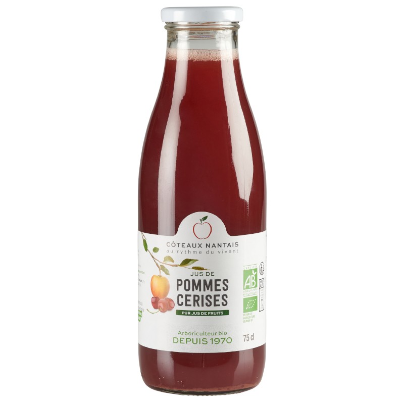 Jus pommes cerises Bio - 75 cL des Côteaux Nantais, issus de fruits 100 % Bio de pommes cerises Jus pommes cerises Bio - 75 cL des Côteaux Nantais, issus de fruits 100 % Bio de pommes cerises