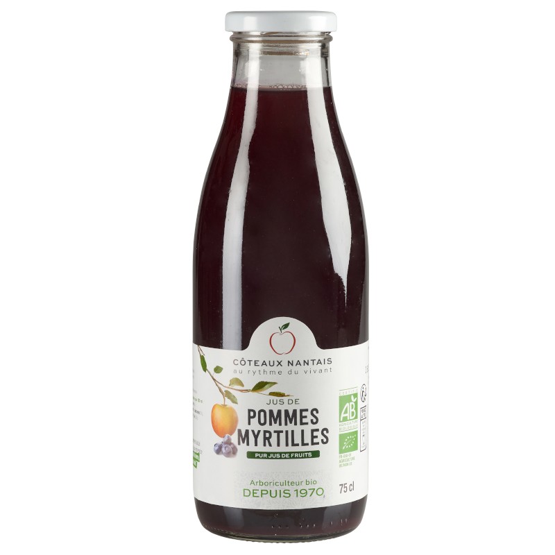 Jus pommes myrtilles Bio - 75 cL des Côteaux Nantais, issus de fruits 100 % Bio de pommes myrtilles