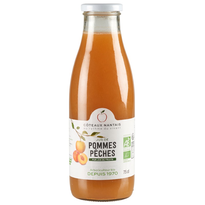 Jus pommes pêches Bio - 75 cL des Côteaux Nantais, issus de fruits 100 % Bio de pommes pêches