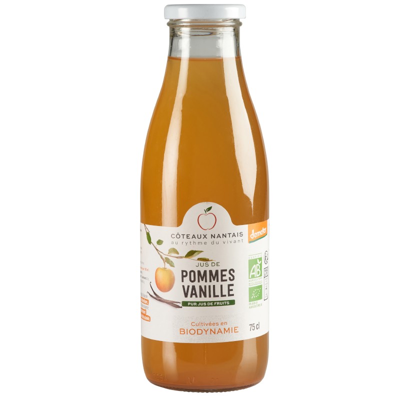 Jus de pommes à la vanille Bio Demeter - 75 cL des Côteaux Nantais, issus de fruits 100 % Bio de pommes vanille
