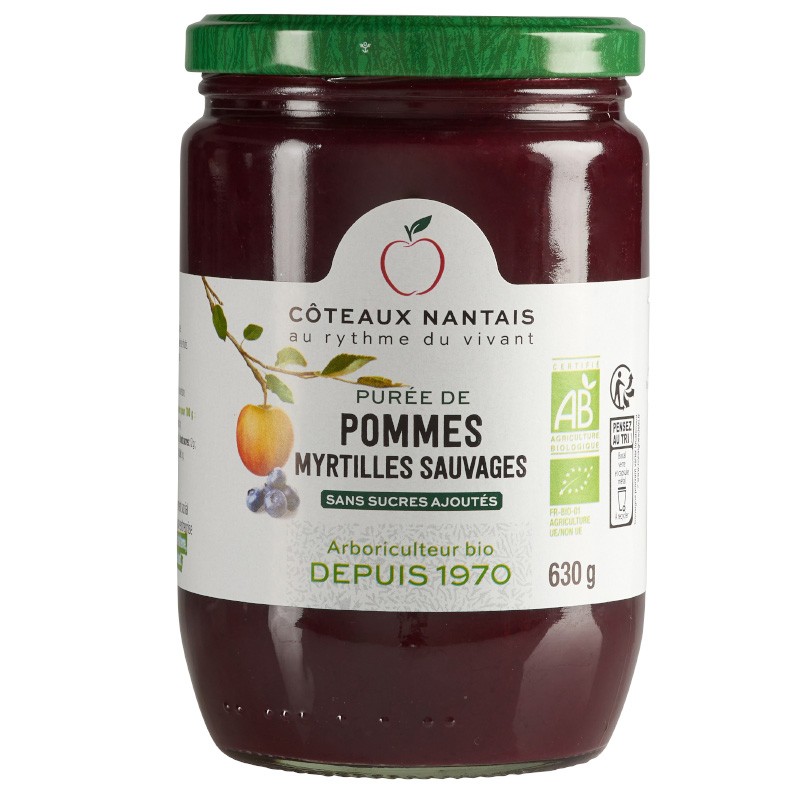 Purée pommes myrtilles Bio - 630 g idéal pour terminer les repas sans sucre et purs fruits pommes myrtilles