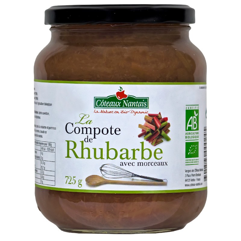 Compote de rhubarbe Bio - 725 g, des Côteaux Nantais, idéal pour ajouter une touche sucrée avec du sucre de canne