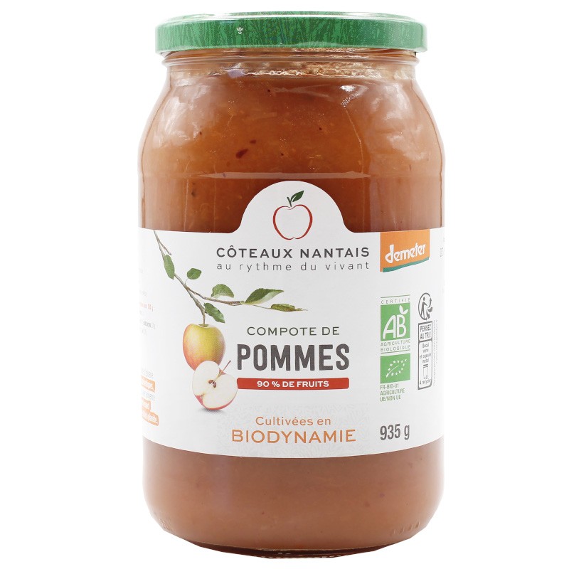 Compote de pommes Bio Demeter - 935 g, des Côteaux Nantais, idéal pour ajouter une touche sucrée avec du sucre de canne