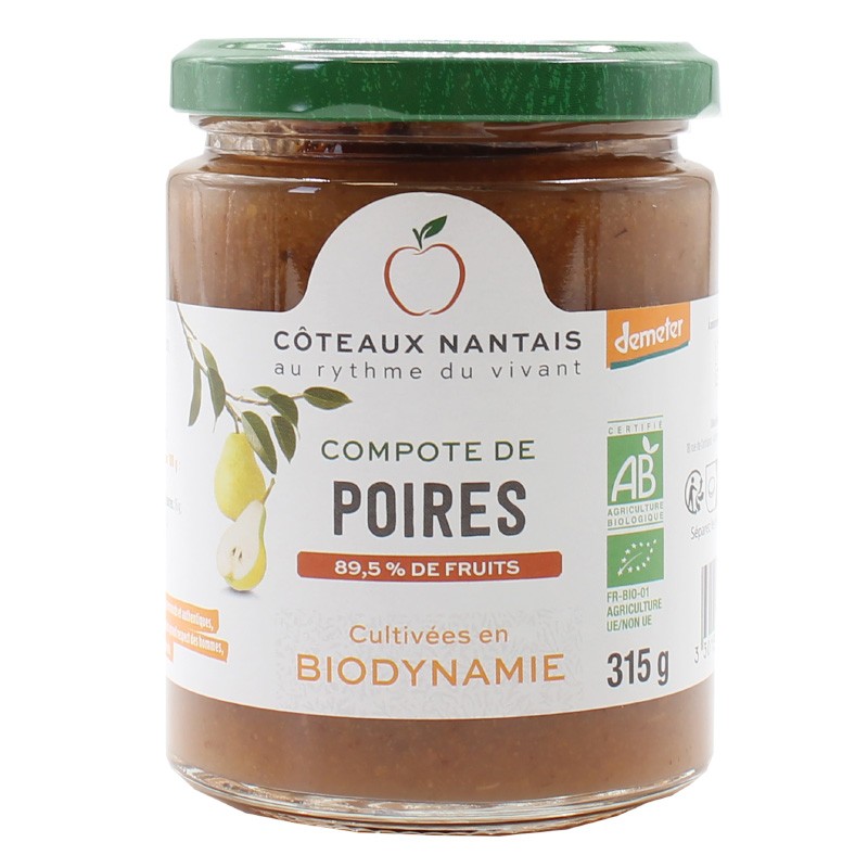 Compote de poires Bio Demeter - 315 g, des Côteaux Nantais, idéal pour ajouter une touche sucrée avec du sucre de canne