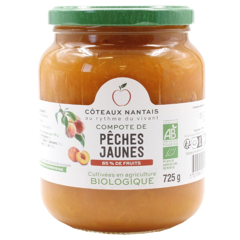 Compote de pêches jaunes Bio - 725 g, des Côteaux Nantais, idéal pour ajouter une touche sucrée avec du sucre de canne