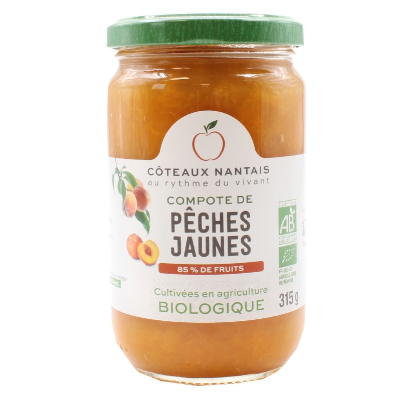 Compote de pêches jaunes Bio - 315 g, des Côteaux Nantais, idéal pour ajouter une touche sucrée avec du sucre de canne