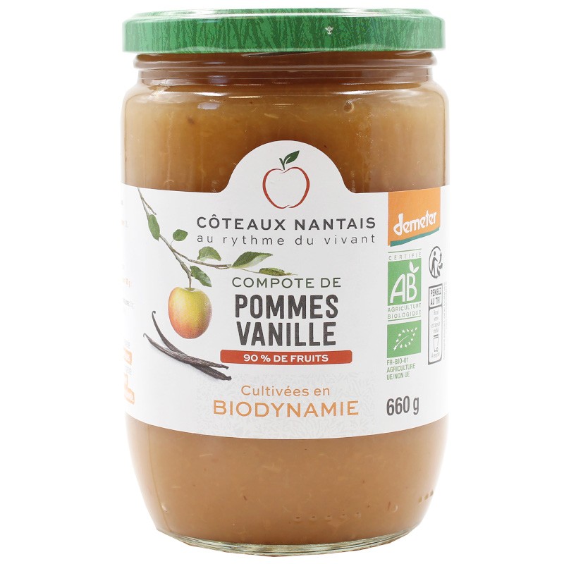 Compote pommes vanille Bio Demeter - 660 g, des Côteaux Nantais, idéal pour ajouter une touche sucrée avec du sucre de canne
