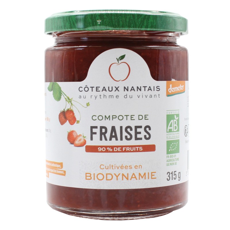 Compote de fraises Bio Demeter - 315 g, des Côteaux Nantais, idéal pour ajouter une touche sucrée avec du sucre de canne