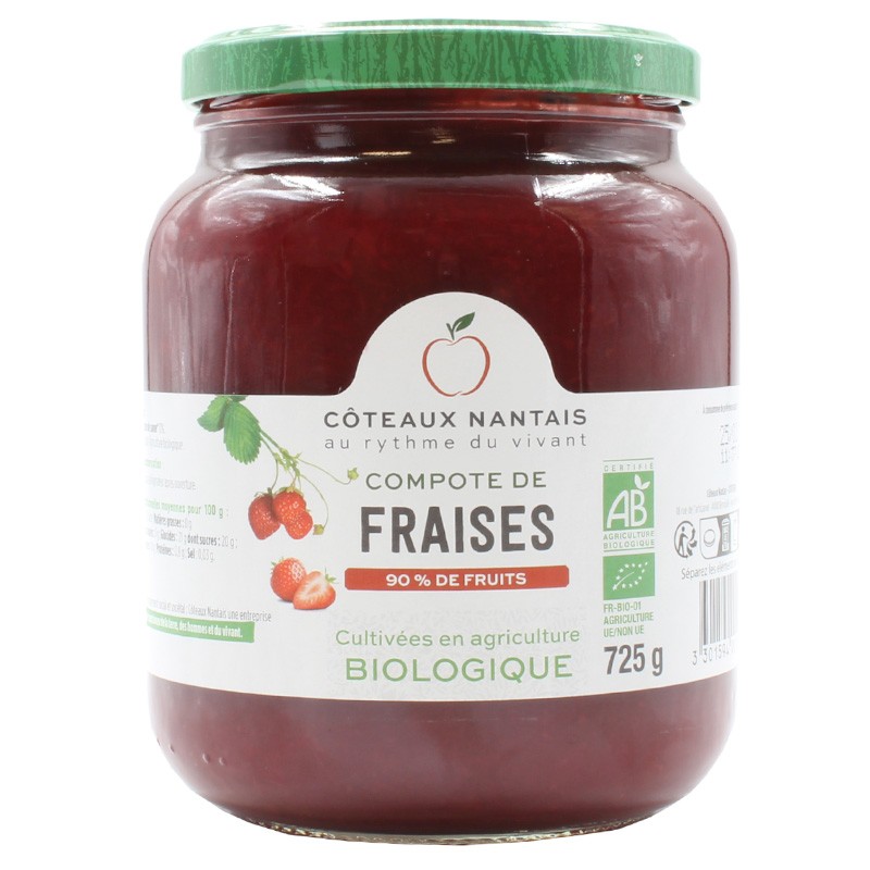 Compote de Fraises Bio - 725 g, des Côteaux Nantais, idéal pour ajouter une touche sucrée avec du sucre de canne Compote de Fraises Bio - 725 g, des Côteaux Nantais, idéal pour ajouter une touche sucrée avec du sucre de canne