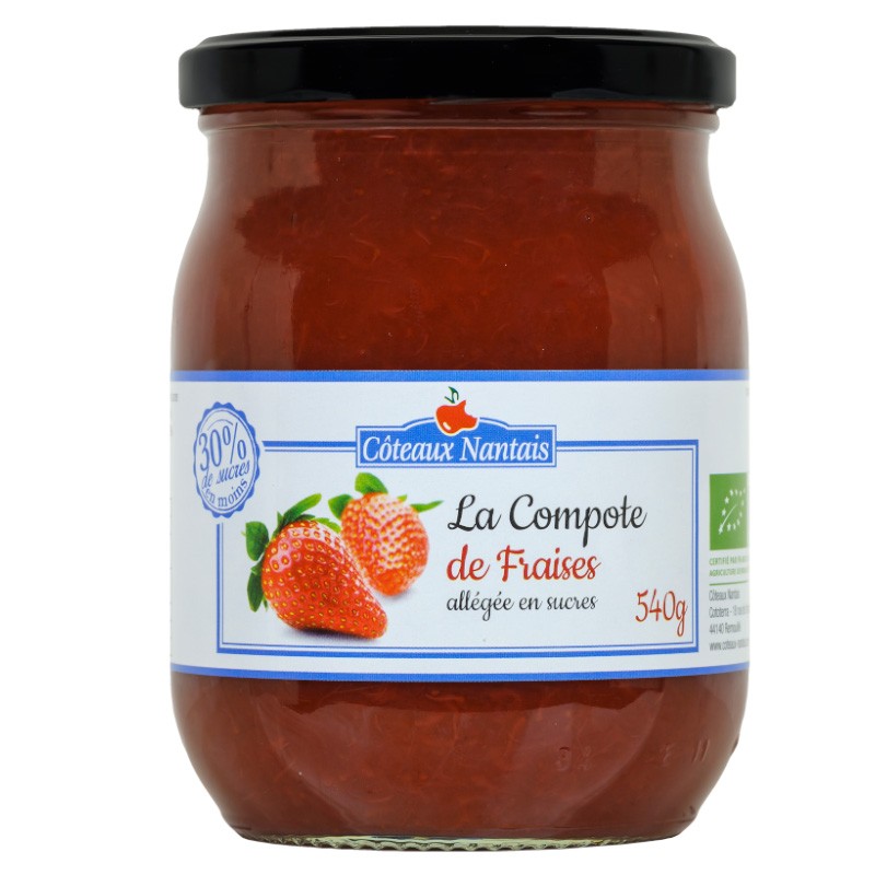 Compote de fraises allégée en sucres Bio - 540 gdes Côteaux Nantais, idéal pour ajouter une touche sucrée Compote de fraises allégée en sucres Bio - 540 gdes Côteaux Nantais, idéal pour ajouter une touche sucrée