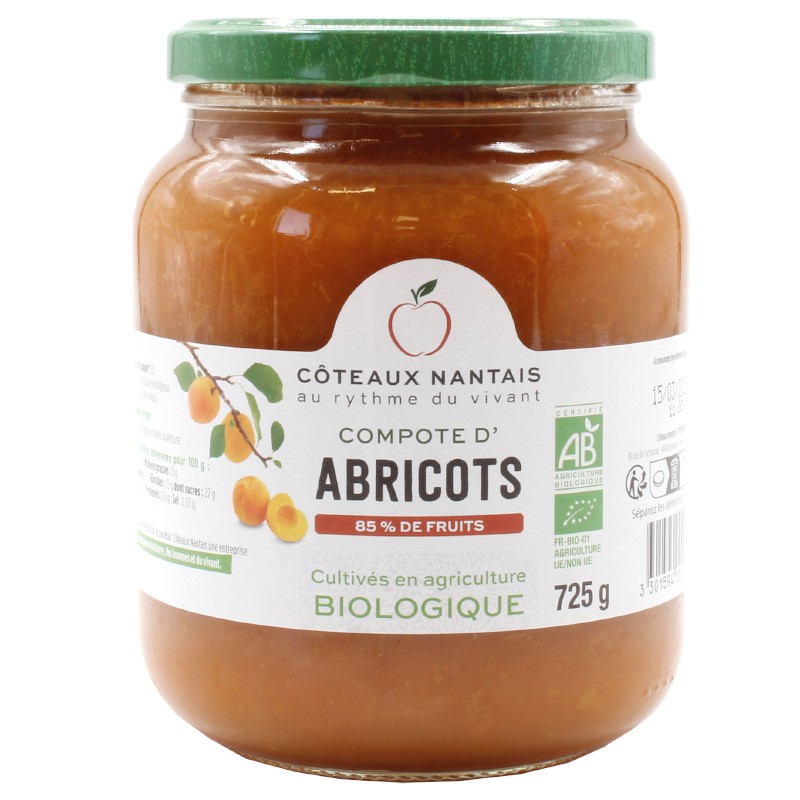 Compote d'abricots Bio - 725 g des Côteaux Nantais, idéal pour ajouter une touche sucrée avec du sucre de canne