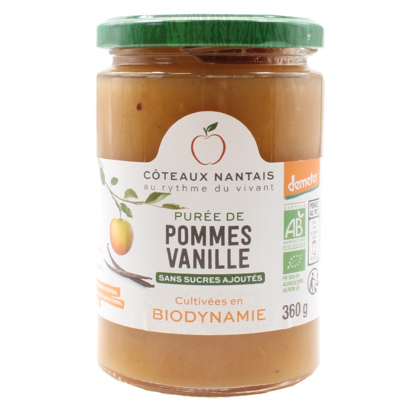 Purée pommes vanille Bio Demeter - 360 g, idéal pour terminer les repas sans sucre et purs fruits pommes vanille
