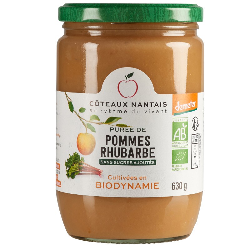 Purée pommes rhubarbe Bio Demeter - 630 g, idéal pour terminer les repas sans sucre et purs fruits pommes rhubarbe