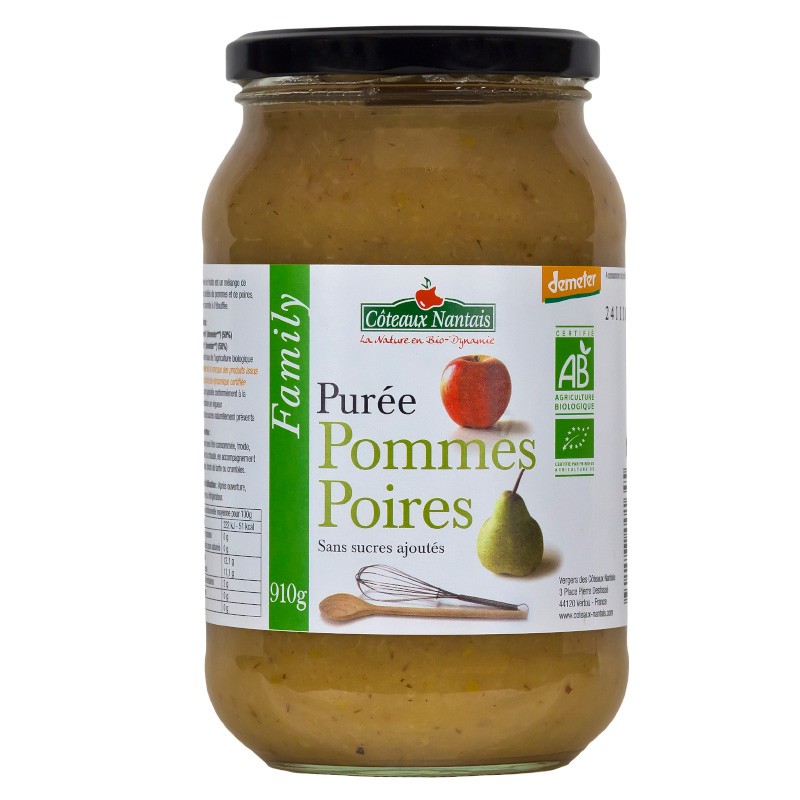 Purée pommes poires Bio Demeter - 910 g, idéal pour terminer les repas sans sucre et purs fruits pommes poires