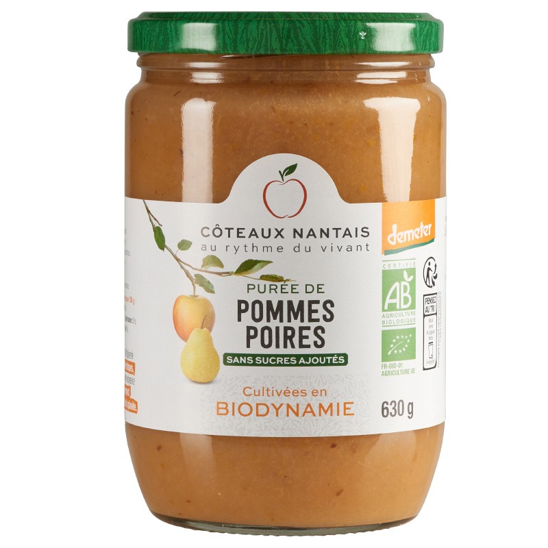 Purée pommes poires Bio Demeter - 630 g idéal pour terminer les repas sans sucre et purs fruits pommes poires