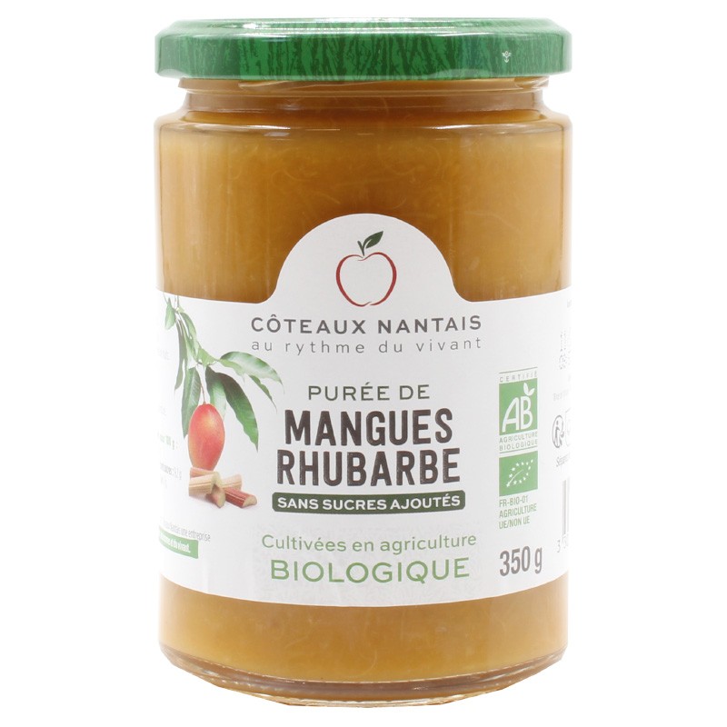 Purée mangue rhubarbe Bio - 350 g idéal pour terminer les repas sans sucre et purs fruits mangue rhubarbe