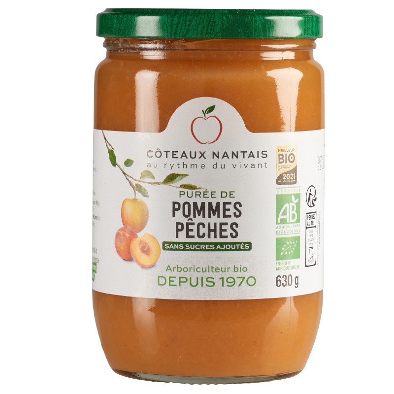 Purée de pommes pêches Bio - 630 g idéal pour terminer les repas sans sucre et purs fruits pommes pêches