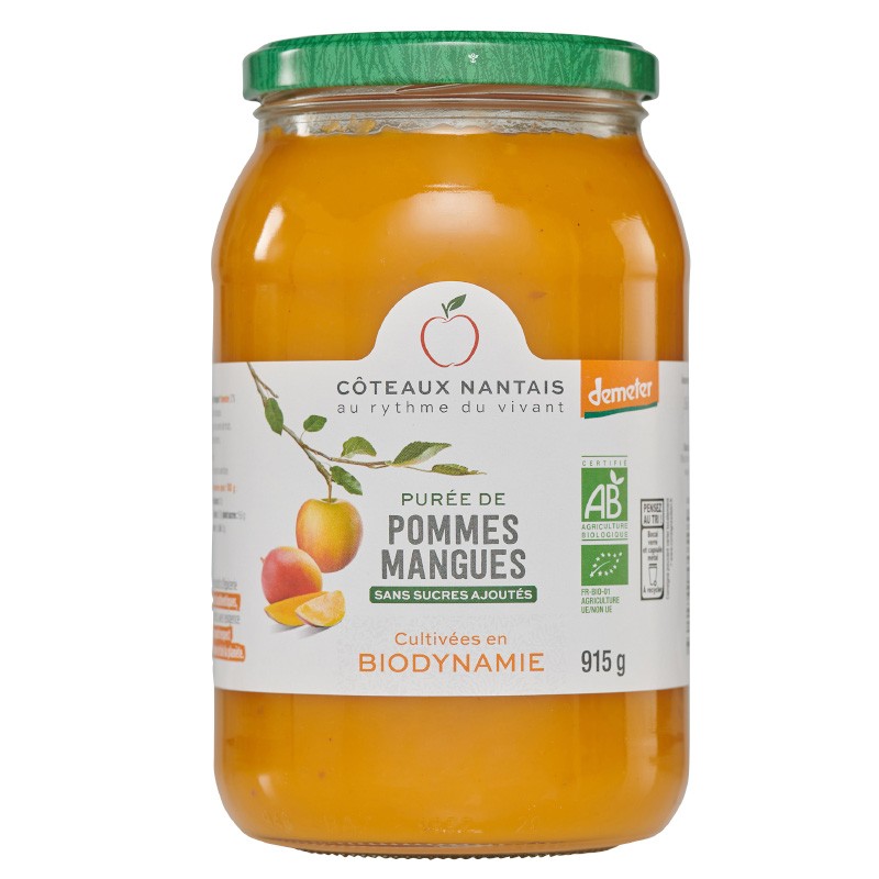 Purée de pommes Mangues Bio Demeter  - 915 g idéal pour terminer les repas sans sucre et purs fruits pommes mangues