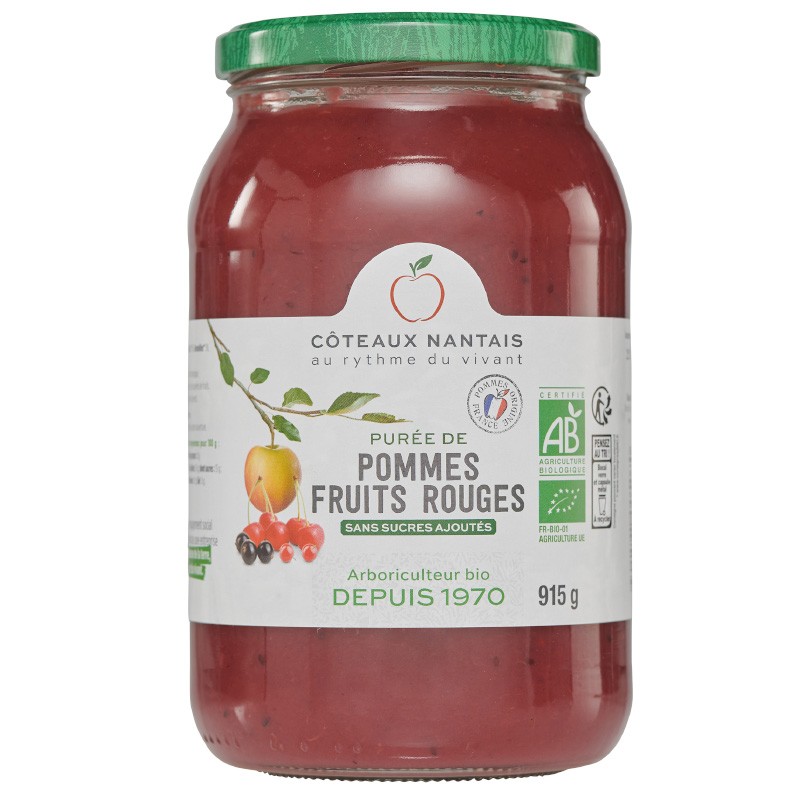 Purée de pommes fruits rouges Bio - 915 g idéal pour terminer les repas sans sucre et purs fruits pommes fruits rouges