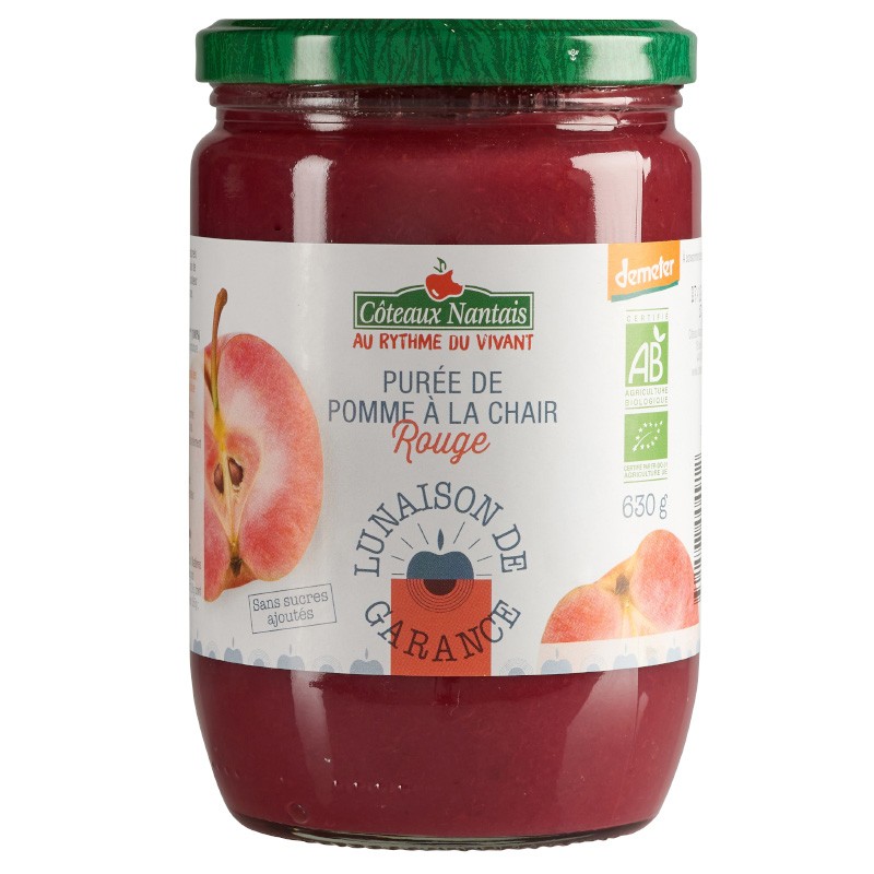 Purée de pommes Chair Rouge Bio Demeter - 630 g idéal pour terminer les repas sans sucre et purs fruits pommes chair rouge