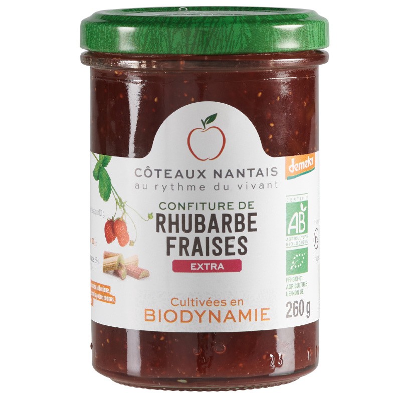 Confiture rhubarbe fraises extra Bio - 260 g,Côteaux Nantais, idéal pour accompagner des tartines de pain, ou des crêpes...