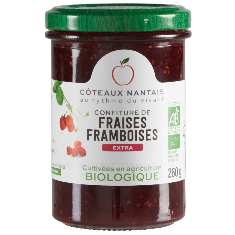 Confiture fraises framboises extra Bio - 260 g,Côteaux Nantais, idéal pour accompagner des tartines de pain, ou des crêpes...