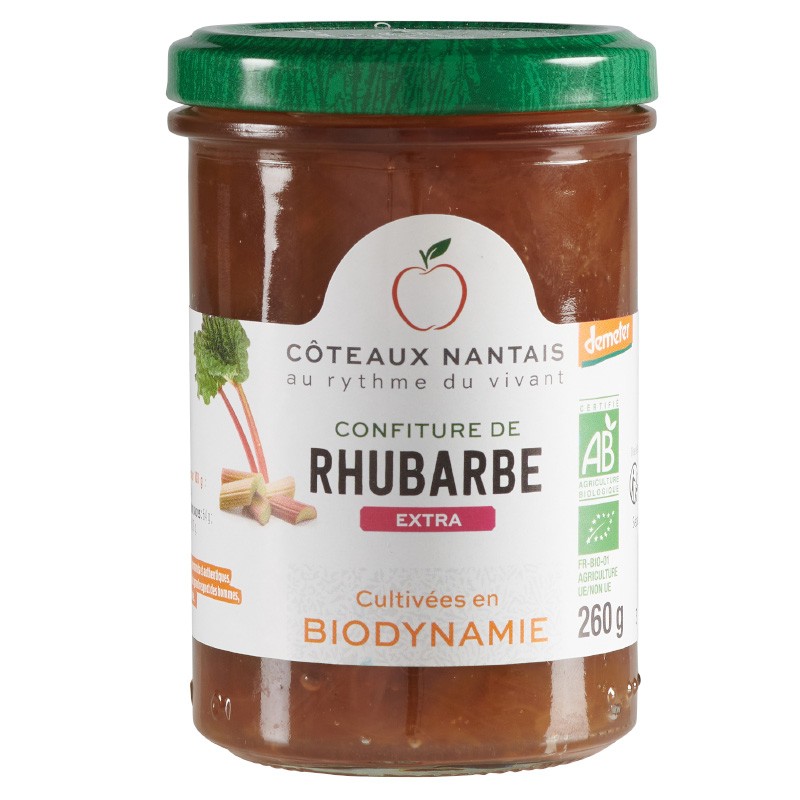 Confiture de rhubarbe extra Bio Demeter - 260 g, Côteaux Nantais, idéal pour accompagner des tartines de pain, ou des crêpes...