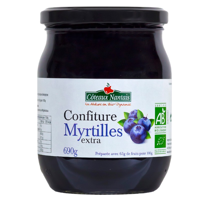 Confiture de myrtilles extra Bio - 690 g, Côteaux Nantais, idéal pour accompagner des tartines de pain, ou des crêpes...