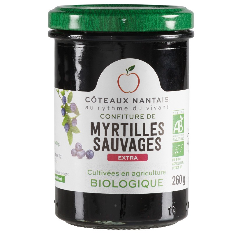 Confiture de myrtilles extra Bio - 260 g, Côteaux Nantais, idéal pour accompagner des tartines de pain, ou des crêpes...