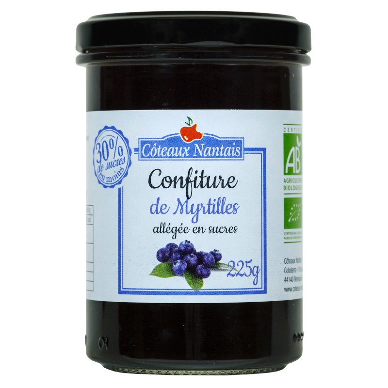 Confiture de myrtilles allégée en sucres Bio - 225 g,Côteaux Nantais, idéal pour accompagner des tartines de pain, ou des crêpes Confiture de myrtilles allégée en sucres Bio - 225 g,Côteaux Nantais, idéal pour accompagner des tartines de pain, ou des crêpes