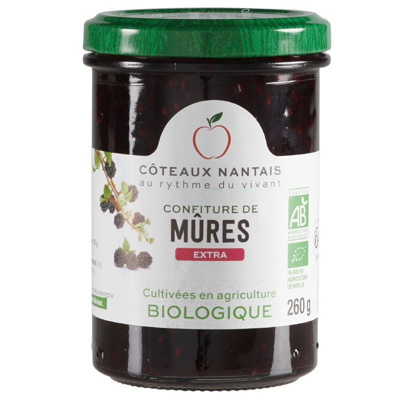 Confiture de mûres extra Bio - 260 g, Côteaux Nantais, idéal pour accompagner des tartines de pain, ou des crêpes...