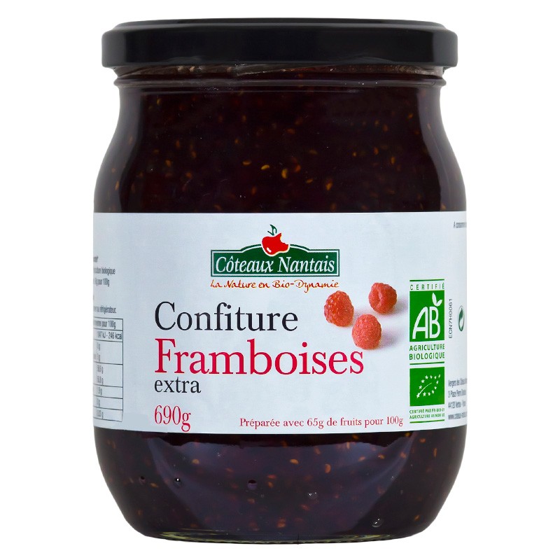 Confiture de framboises extra Bio - 690 g,Côteaux Nantais, idéal pour accompagner des tartines de pain, ou des crêpes...