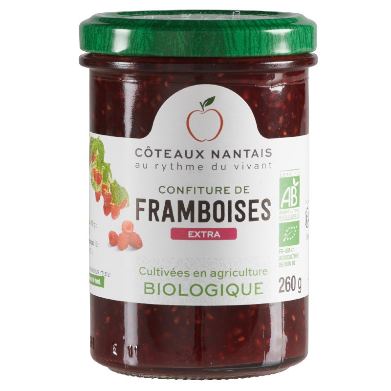 Confiture de framboises extra Bio - 260 g, Côteaux Nantais, idéal pour accompagner des tartines de pain, ou des crêpes...