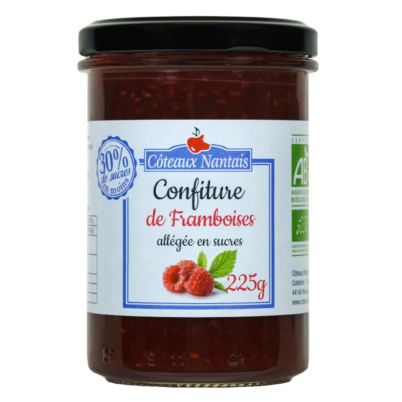 Confiture de framboises allégée en sucres Bio - 225 g,Côteaux Nantais, idéal pour accompagner des tartines de pain, des crêpes