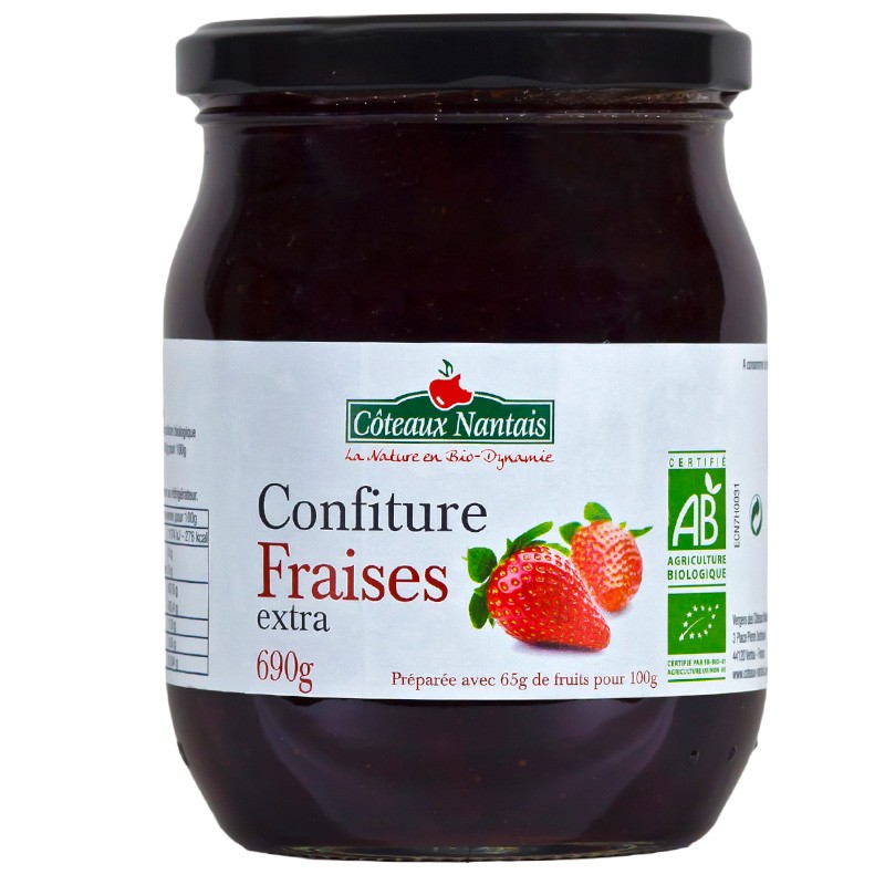 Confiture de fraises extra Bio - 690 g, des Côteaux Nantais, idéal pour accompagner des tartines de pain, ou des crêpes...