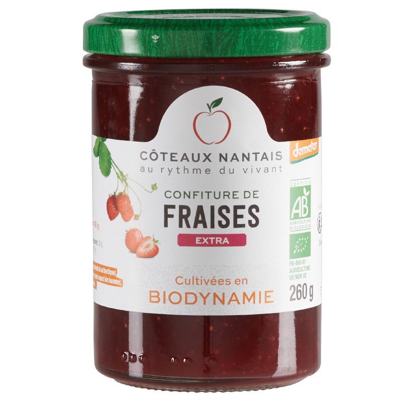 Confiture de fraises extra Bio Demeter- 260 g,Côteaux Nantais, idéal pour accompagner des tartines de pain, ou des crêpes...