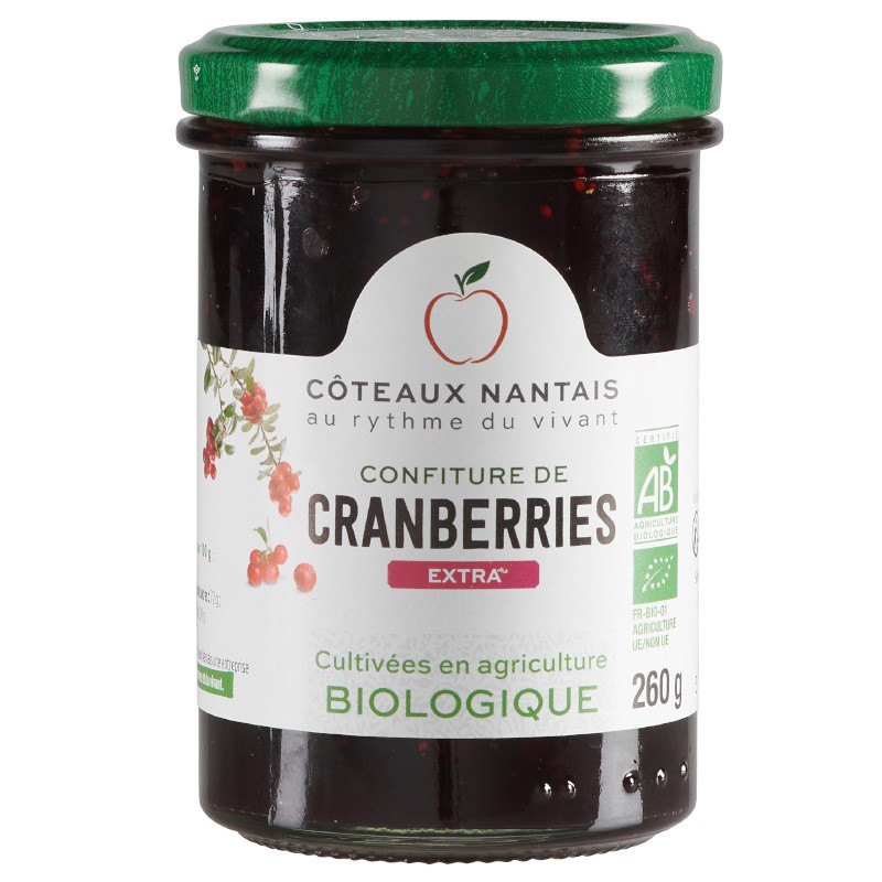 Confiture de cranberry extra Bio - 260 g, Côteaux Nantais, idéal pour accompagner des tartines de pain, ou des crêpes...