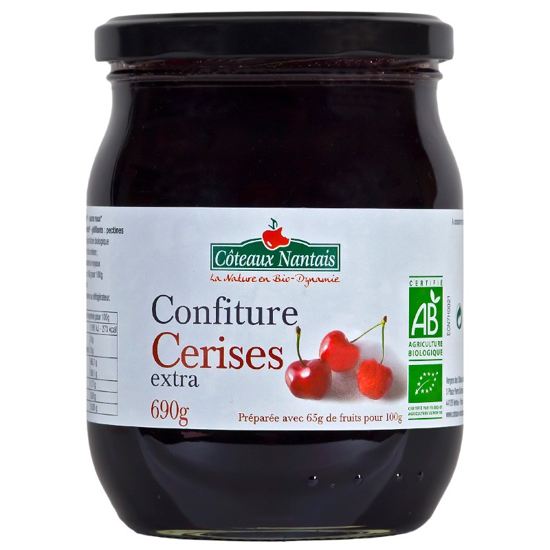 Confiture de cerises extra Bio - 690 g,Côteaux Nantais, idéal pour accompagner des tartines de pain, ou des crêpes...