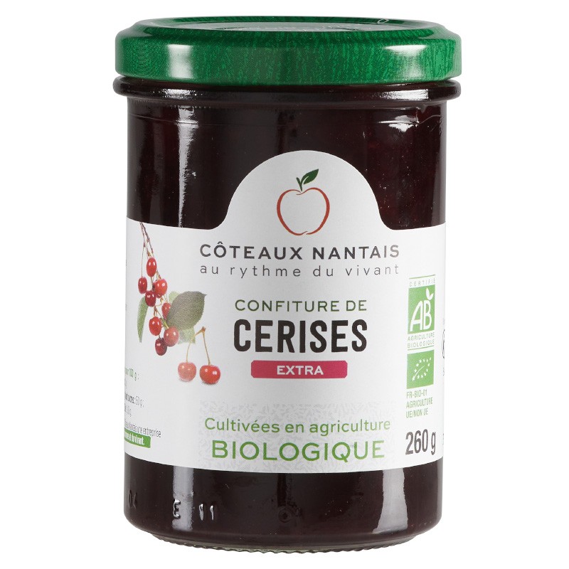 Confiture de cerises extra Bio - 260 g, Côteaux Nantais, idéal pour accompagner des tartines de pain, ou des crêpes...