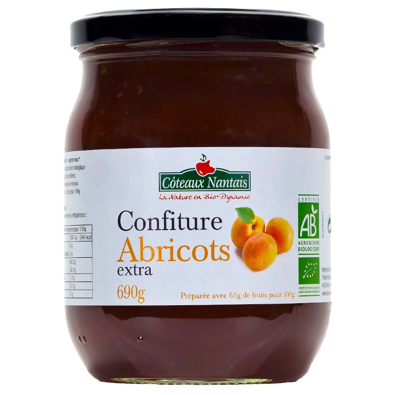 Confiture d'abricots extra Bio - 690 g, Côteaux Nantais, idéal pour accompagner des tartines de pain, ou des crêpes...