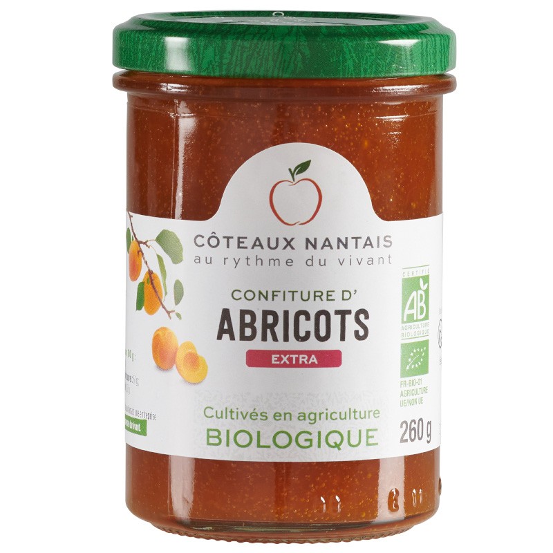 Confiture d'abricots extra Bio - 260 g, des Côteaux Nantais, idéal pour accompagner sur des tartines de pain, ou des crêpes...