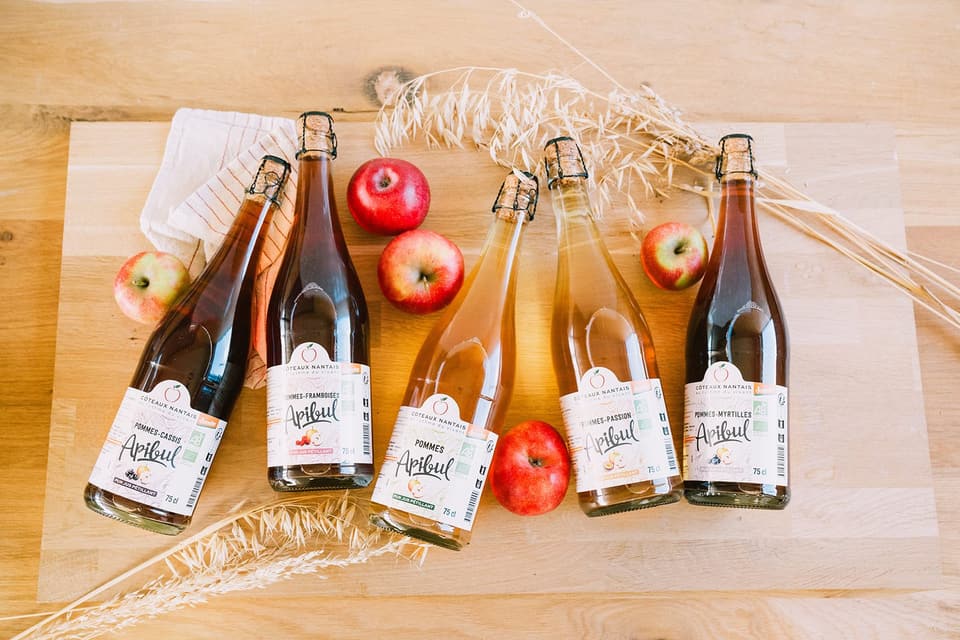 Bouteilles de jus et de cidre disposées sur une table en bois, entourées de pommes
